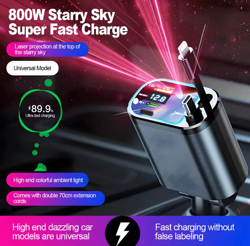 Viral 5 in 1 Retractable Car Charger with USB C Cable Roof Starlight Car Charger Adapter Compatible for iPhone Huawei Samsung