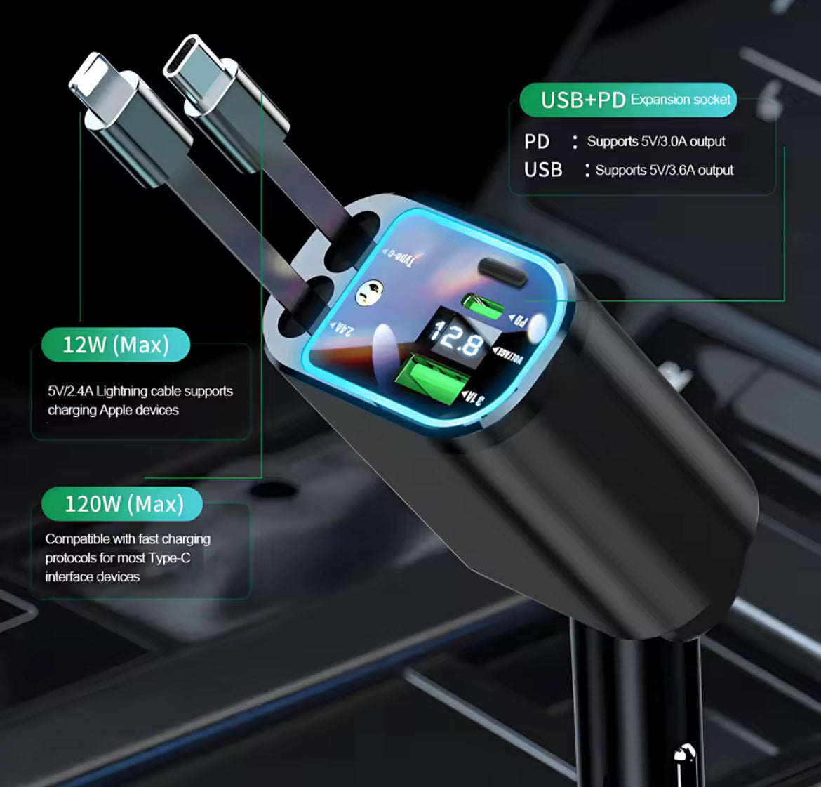 Viral 5 in 1 Retractable Car Charger with USB C Cable Roof Starlight Car Charger Adapter Compatible for iPhone Huawei Samsung